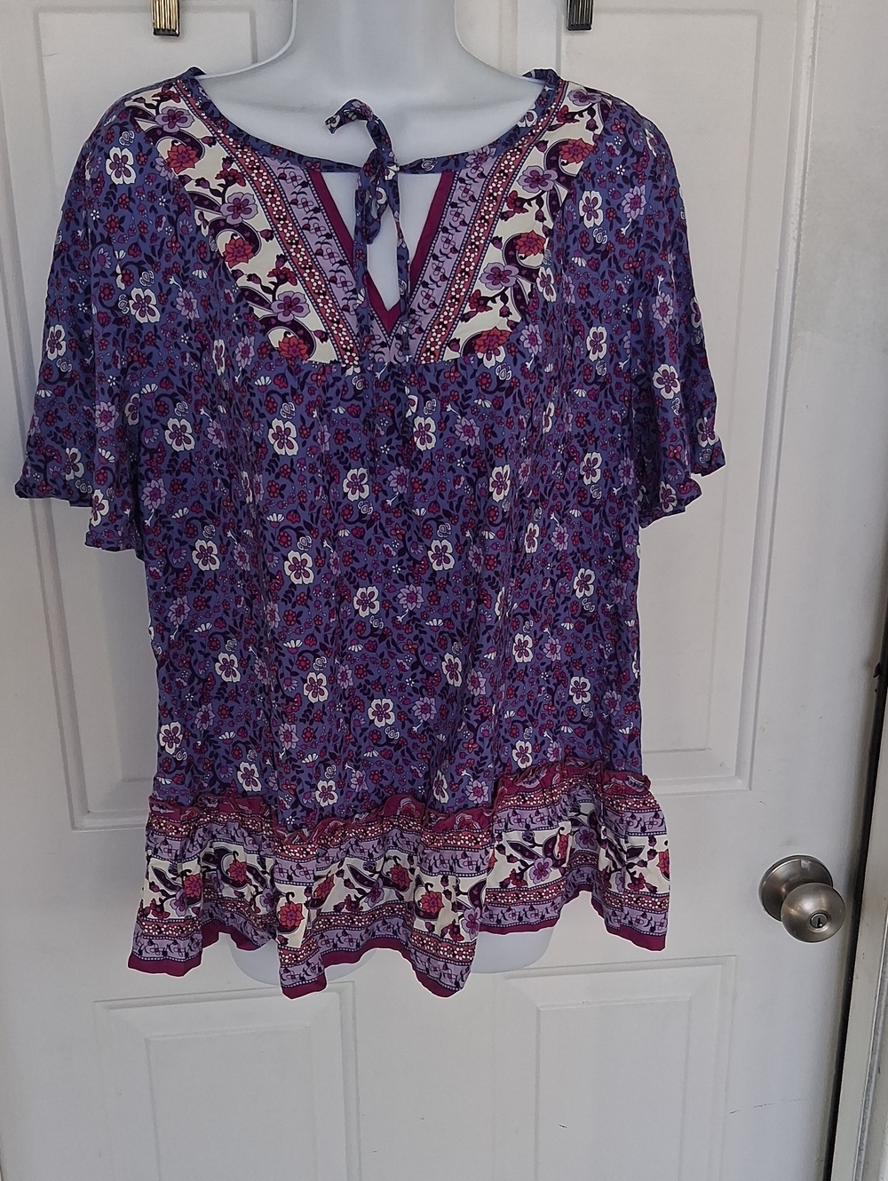 BloomChic Purple Floral Boho Tie-Neck Tunic - Picture 1 of 8
